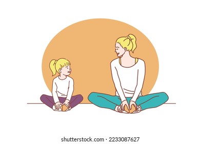 mother and daughter exercising together at home happily happy family. mother's day holiday concept flat cartoon vector design.