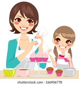 Mother And Daughter Family Decorating Delicious Cupcakes With Strawberry Cream Isolated On White Background