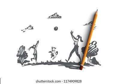 Mother, daughter, family, parenting, vacation concept. Hand drawn mom, daughter and dog play ball near lake concept sketch. Isolated vector illustration.