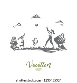 Mother, daughter, family, parenting, vacation concept. Hand drawn mom, daughter and dog play ball near lake concept sketch. Isolated vector illustration.