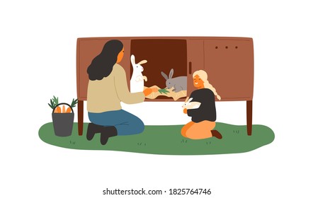 Mother and daughter feeding rabbits in the cell with carrot. Rural farm scene with cute domestic animals and people taking care of them. Flat vector cartoon illustration isolated on white background.