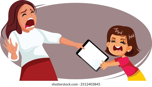 
Mother and Daughter Fighting Over Tablet Overuse Vector Cartoon. Angry child being dependent on technology at an early age
