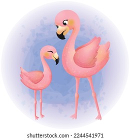 Mother and Daughter Flamingo Family Watercolor Cartoon Character