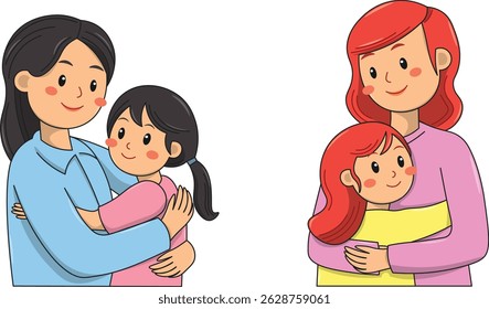 mother and daughter flat vector illustration. cute mother and daughter