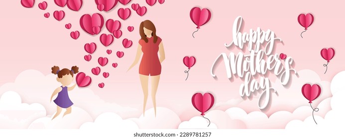 Mother with daughter and flying pink paper hearts. Symbols of love on pink background. Happy Mother's day.  (Vector)