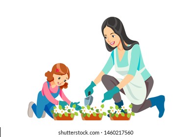 Mother and daughter, gardening together planting flowers in the garden. Concept motherhood child-rearing. Mother's day holiday concept. Cartoon flat isolated vector design.