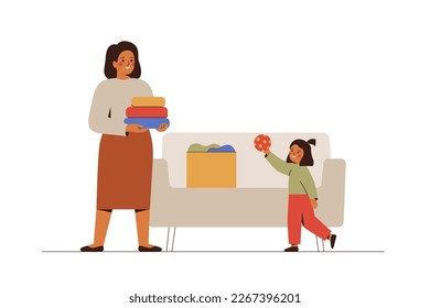 Mother and daughter gathere the clothing and kids toys for humanitarian help. Family donate personal goods for social aid and charitable. Support and care concept. Vetor illustration