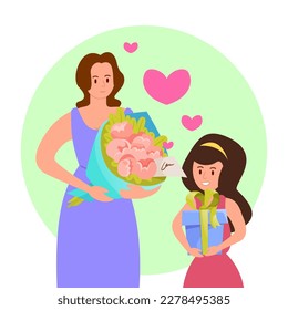 Mother and daughter with gifts vector illustration. Happy woman receiving flowers and presents from child, celebrating holiday together. Mothers day, family, flowers, attention concept