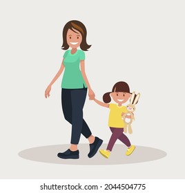 Mother and daughter go together. Vector illustration in cartoon style.