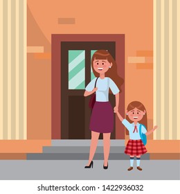 Mother and daughter going to school design