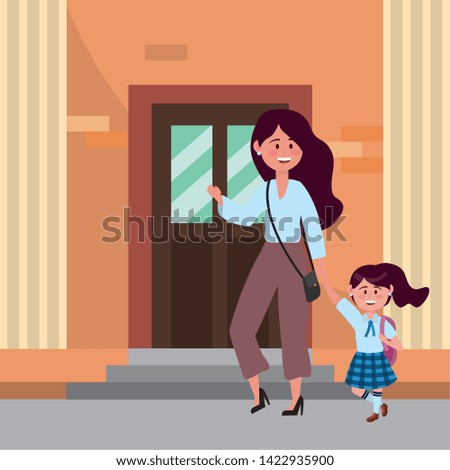 Mother and daughter going to school design