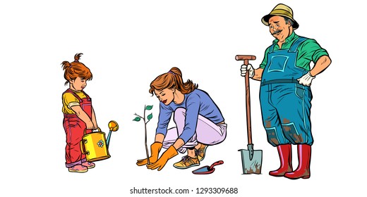 Mother, daughter and grandfather work in the garden. Family planting seedlings. Pop art retro vector illustration vintage kitsch