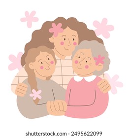 Mother, daughter and grandmother with pink flowers on white background. Vector illustration for Mother's Day or International Women's Day. Greeting card with different age women