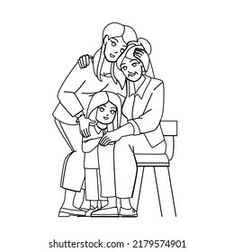 Mother Daughter Grandmother Vector. Family Happy Women, Mom Child, Generation Adult Grandma Mother Daughter Grandmother Character. People Black Line Pencil Drawing Vector Illustration