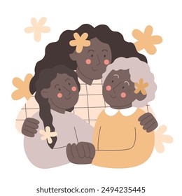 Mother, daughter and grandmother with yellow flowers on white background. Vector illustration for Mother's Day or International Women's Day. Greeting card with different age women