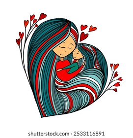 Madre con gráficos de hija corazón y amor. Tarjeta feliz del día de la madre. dibujado a mano. IA no, Ilustración vectorial.