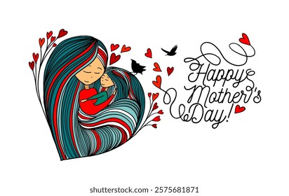 Mother with daughter graphics heart and love. Happy Mother's Day card. hand drawn. Not AI, Vector illustration.