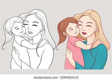 mother and daughter happily embracing, color and black and white version