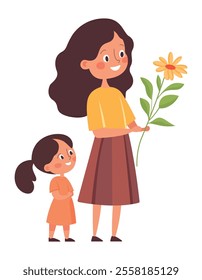 A mother and daughter happily hold a yellow flower.