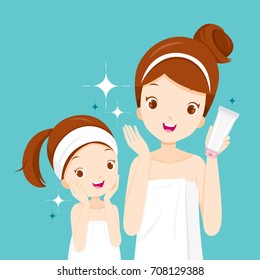 Madre Y Hija Feliz Con Caras Limpias, Facial, Belleza, Cosmética, Maquillaje, Sano, Cuerpo, Spa, Piel