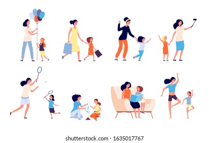 Mother and daughter. Happy mom spend time with kid. Woman and girl play, read and games sport, doing yoga. Motherhood isolated vector set