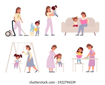 Madre e hija. Madres felices con hijas, actividades familiares femeninas, mantenimiento de la casa y cocina, educación y recreación, lectura de libros y equitación en juegos de vectores de swing, parentesco y maternidad