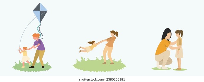 Mother and daughter happy playing vector illustration set. Mother playing kite with daughter.The mother advised her daughter to stay strong.