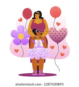 Mother and daughter. Happy smiling woman hugging and supporting her child. Mom takes care of little girl kid. Love, tenderness and motherhood. Unity and friendship. Cartoon flat vector illustration