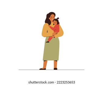 Mother and daughter happy together. Woman holds on hands her baby girl with love and care. Mom and her child hugging. Happy parenthood concept. Friendship and unity in family. Vector illustration