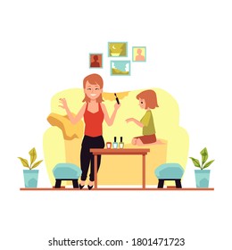 Mother and daughter have a beauty party at home, flat vector illustration isolated on white background. Woman and her daughter having fun and spending time together.
