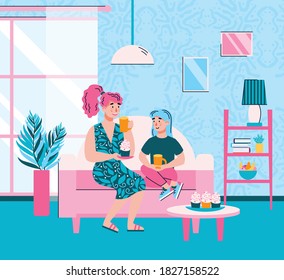 Mother and daughter having a break for tea and talk, flat vector illustration. Banner with mom and child spending time together at home for Mothers day.