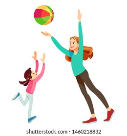 Mother and daughter having fun with a ball. Concept motherhood child-rearing. Family Fitness Outdoor, Physical Activity on Open Air, Healthy Lifestyle. Isolated vector illustration in cartoon style