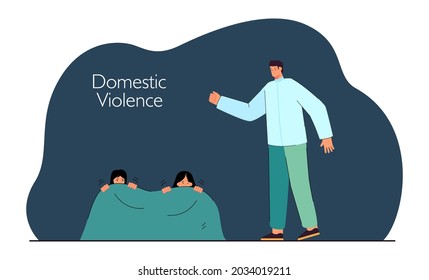 Mother and daughter hiding from angry father under blanket. Woman and girl scared of man flat vector illustration. Domestic violence, family concept for banner, website design or landing web page