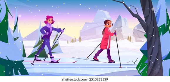 Mother with daughter hiking in winter mountain. Trekking and ski adventure in snow landscape cartoon illustration. Forest journey for alpinist expedition. North valley scenery for trail season