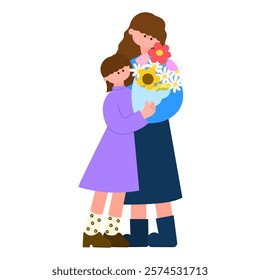 mother and daughter holding bouquet of flowers celebrating international women’s day flat vector illustration