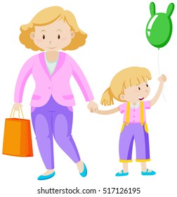 Mother and daughter holding hand illustration