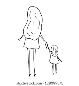 Mother   daughter holding hands  Line drawing  Vector illustration 