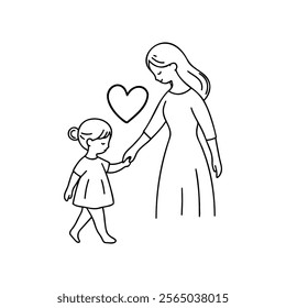 Mother and daughter holding hands with love in simple line drawing