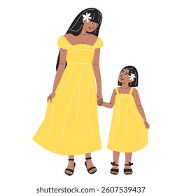 Mother and Daughter Holding Hands in Matching Summer Dresses with Flowers in Hair, Flat Style Mother's Day Illustration on White Background