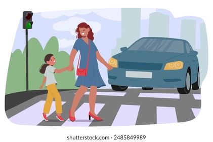 Mother And Daughter Holding Hands While Safely Crossing A Street At A Zebra Crossing, Traffic Light Is Green And Car Stops To Let Them Pass. Vector Emphasis On Road Safety And Family Togetherness