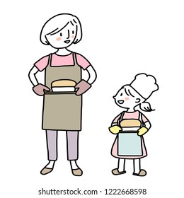 Mother and daughter holding a tray of freshly baked bread. Smiling young woman and little girl with aprons carrying homemade breads. Little chef and her mom baking bread together happily.