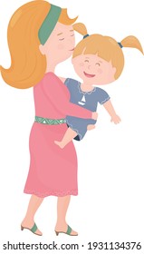 Mother with daughter.Mom holds her daughter.Isolated on white background. Cartoon style. Vector Illustration of a Mother kissing her daughter. 