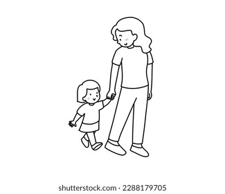 Madre con su hija. Mamá sostiene a su hija con la mano. Aislada de fondo blanco. Estilo de caricatura. Ilustración del vector