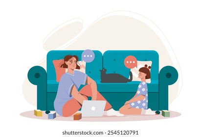 Mother and daughter at home. Woman and girl sitting and talking. Comfort and coziness in room. Good family relationships. Parent and child spend time together. Flat vector illustration