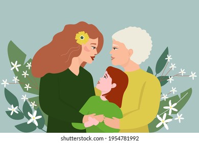 Mother and daughter hug each other, they look with love. Congratulations, banner, poster on Mother's Day. The concept of a happy family. Vector graphics.