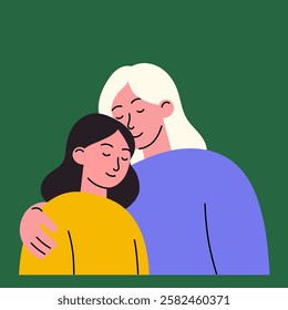 Mother and Daughter Hug. Flat cartoon illustration of an elderly mother embracing her adult daughter with love and care. Perfect for Mother's Day, family bonding, relationships, support, and gratitude