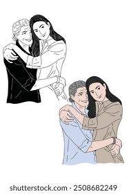 A mother and daughter are hugging each other. Hand drawn color Illustration.