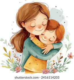 mother and daughter hugging  floral background watercolor 