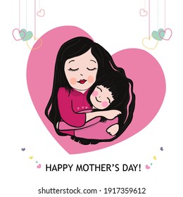 
Mother and daughter hugging with hanging hearts. Happy Mother's Day greeting card vector illustration