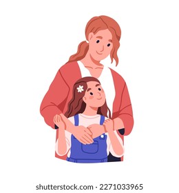 Mother and daughter hugging. Happy mom and little girl, kid embracing together. Support, love, care in supportive family relationship concept. Flat vector illustration isolated on white background